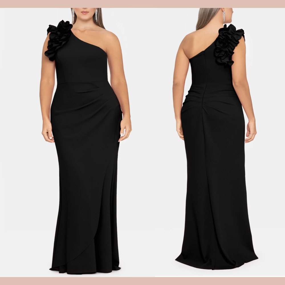 NEW $298 XSCAPE [ PLUS 16W ] Ruffled Detail One Shoulder Gown‎ in Black #S2048